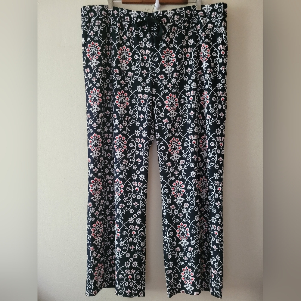 Loft Black Wide Leg Pants Womens XL Flowy Boho Casual Floral Pull On Relaxed